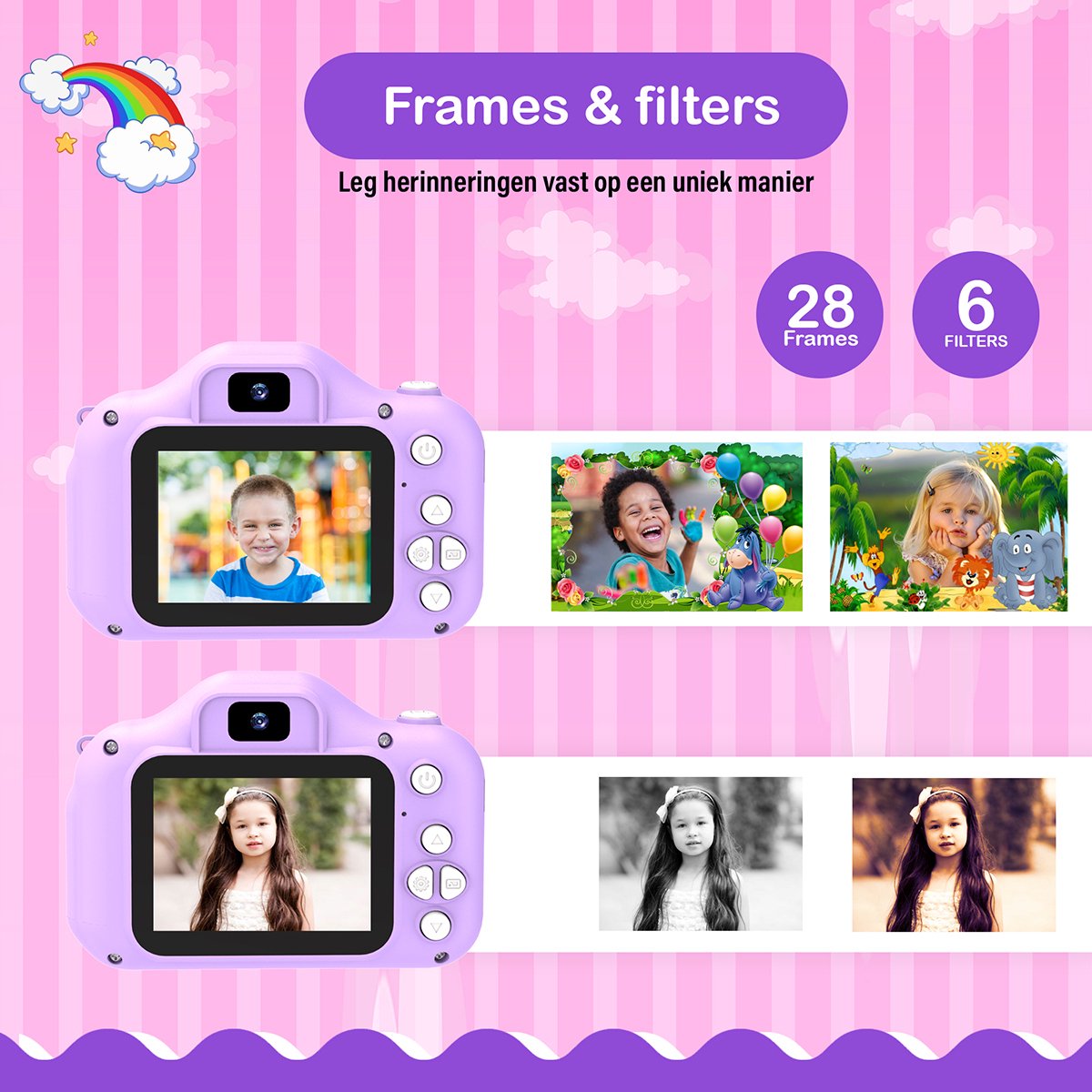 Ilona® Digitale Kindercamera HD 1080p inclusief stickervel - Speelgoedcamera - 32GB micro sd kaart - Fototoestel Voor Kinderen - Selfie Camera - Paars — afbeelding 5