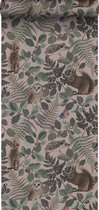 Papier peint ESTAhome animaux de la forêt vieux rose, vert et marron - 139252 - 0,53 x 10,05 m