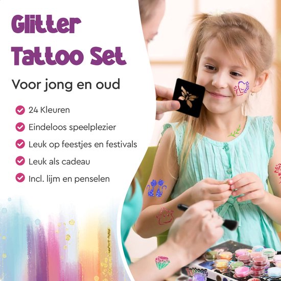 Partizzle Compleet Glitter Tattoo Set - Schmink Sjablonen, Lijm en Penselen - Gezicht Nep Neon Tattoos - Koningsdag - Kinderen - 24 Kleuren - Partizzle®
