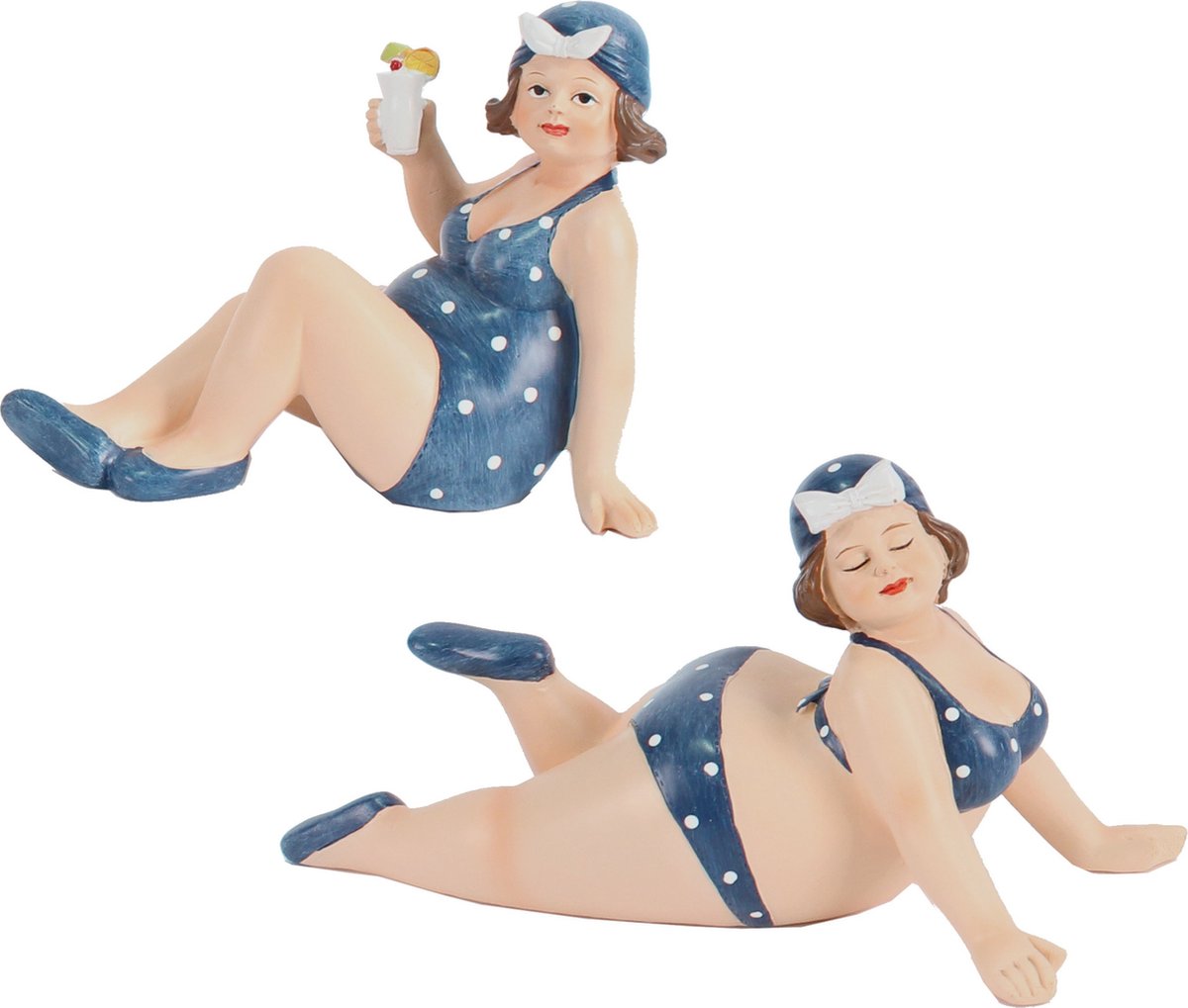 Woonkamer decoratie beeldjes 2 dikke dames - donkerblauw badpak - 17 cm