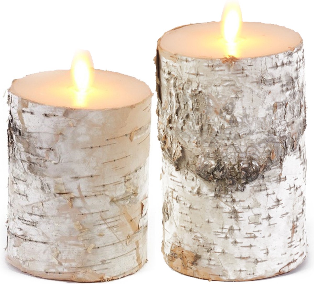 Anna's Collection LED kaarsen/stompkaarsen - set 2x - wit berkenhout - H10 en H12,5 cm - bewegende vlam