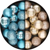 Decoris kleine kerstballen - 28x st - champagne en ijsblauw - 3 cm - kunststof