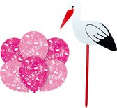 Décoration naissance fille - assiette naissance cigogne - hauteur 100 cm - 6x ballons roses