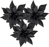 Cosy and Trendy kerstboom decoratie bloemen op clip - 3x st- zwart - 8 cm - glitters