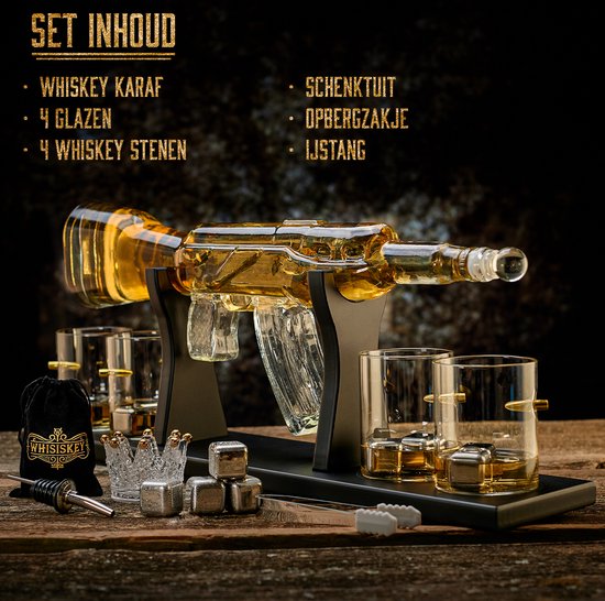 Whisiskey Whiskey Karaf - AK-47 - Luxe Whisky Karaf Set - 1 L - Decanteer Karaf - Whiskey Set - Incl. 4 Whiskey Stones, 4 Whiskey Glazen & 6 extra accessoires - Peaky Blinders - Whisiskey