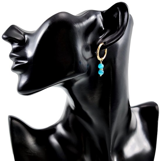 ∅19mm Oorringen Dames - Natuurlijke Kattenoog Steen Turquoise - Verguld RVS - Oorbellen met Kralen Hangers