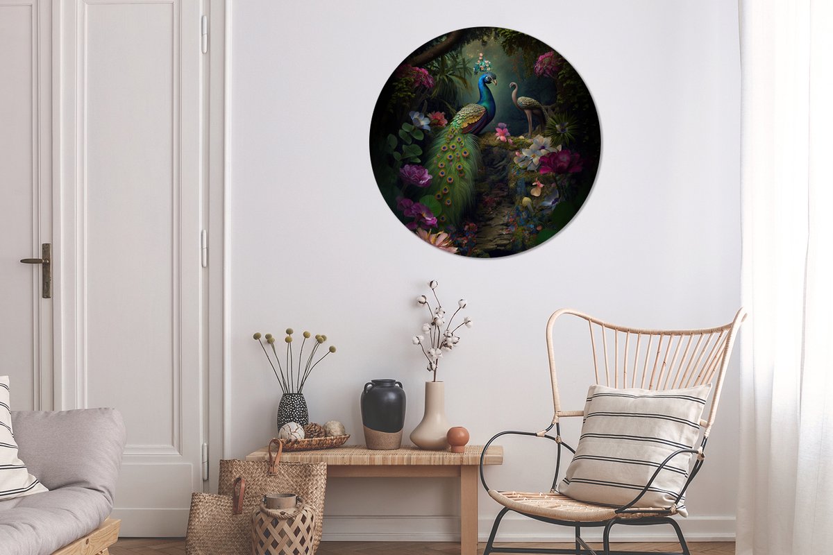 Cercle mural nature - Paon - Fleurs - Jungle - Tropical - Tableaux ronds -  Décoration