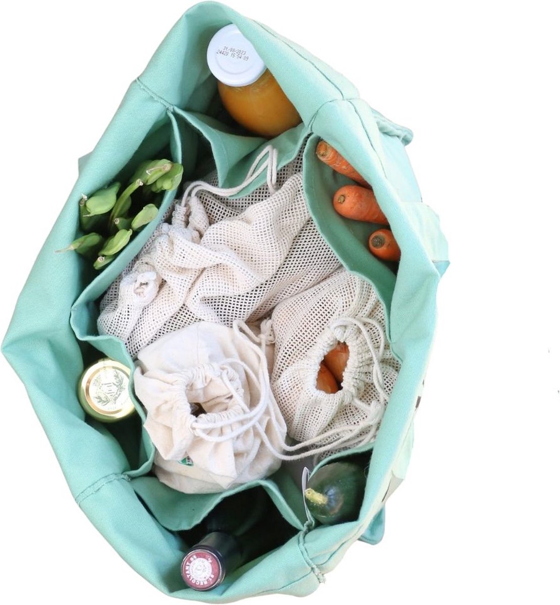 Boodschappentas met Binnenmouwen | Groen Shopper | Organic Cotton | Reusable & Washable | With 6 Inner Sleeves Great for Bottles and Containers | Multi-Pocket Grocery Shopping Bag
