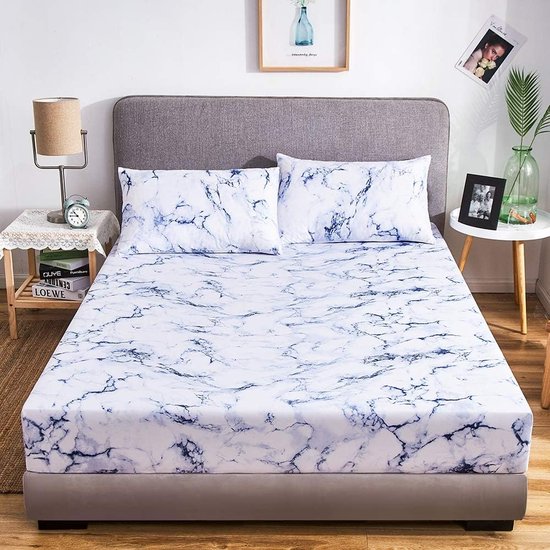 Hoeslaken, 140 x 200 cm, bleu, blanc, motif marbré, drap-housse, microfibre  douce