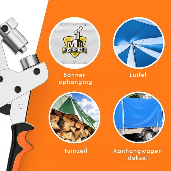 HAIMAYEE Professionele Oogjestang Veilige Oogjespers met 100 Oogjes 10mm voor Stoffen Zeil Dekzeilen Luifels Oranje3