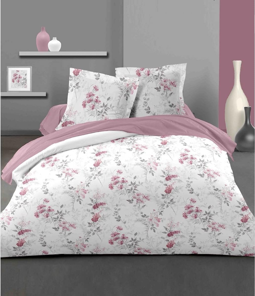 Pompadour HP62667 Dekbedovertrek, 3-delig, 100% katoen, 57 draden/cm², 220 x 240 cm, wit en oudroze