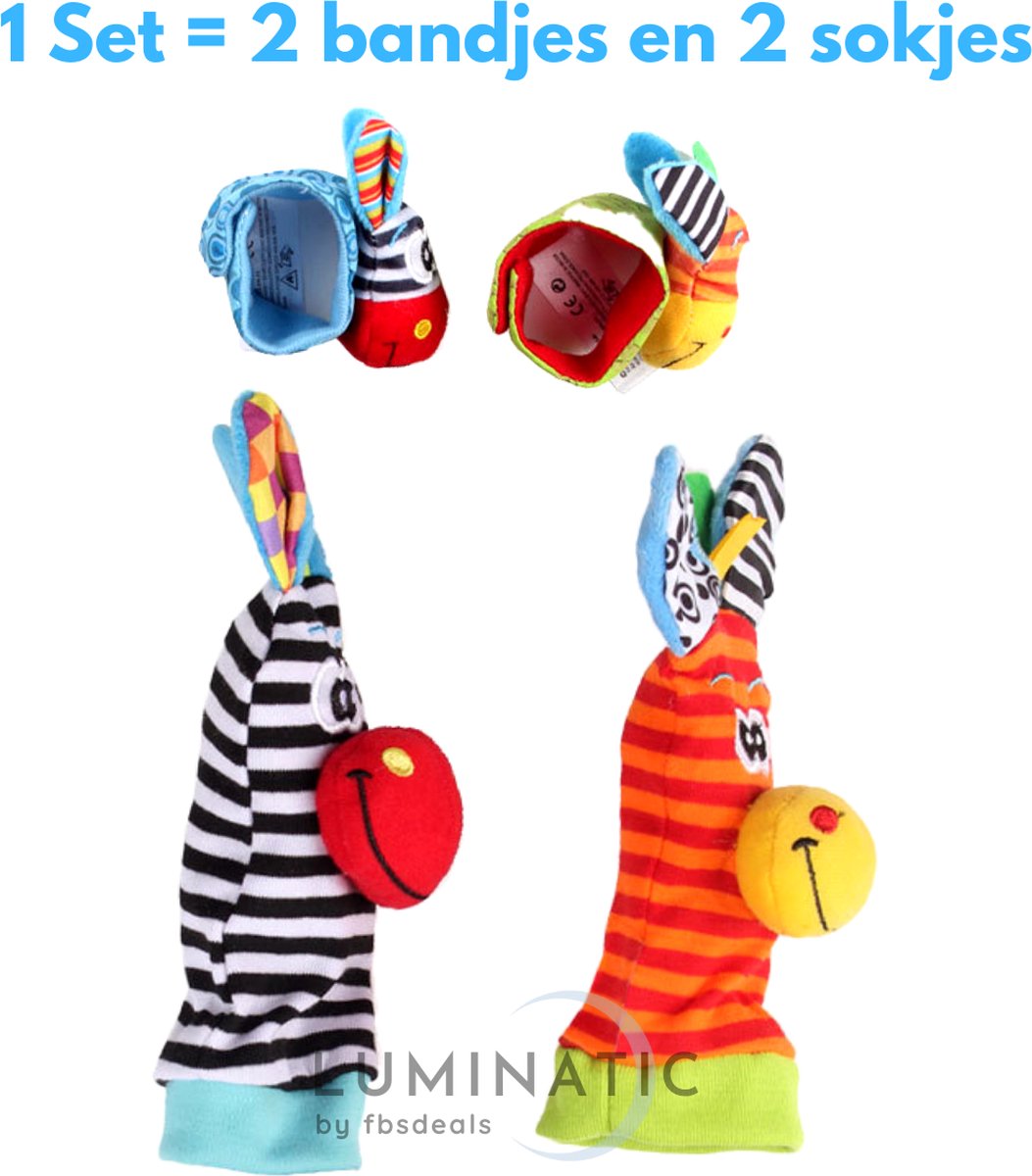 Baby Rammelaar - Rammelaar Sokjes en Armbandjes - Pols en Voetrammelaar - Speel en Voetzoeker Sokken - Baby Sokjes - Pluche Knuffels - Rammelaar - Belletjes | Luminatic® | Zebra & Giraffe 3 | 1 Set, 4 Stuks — afbeelding 2