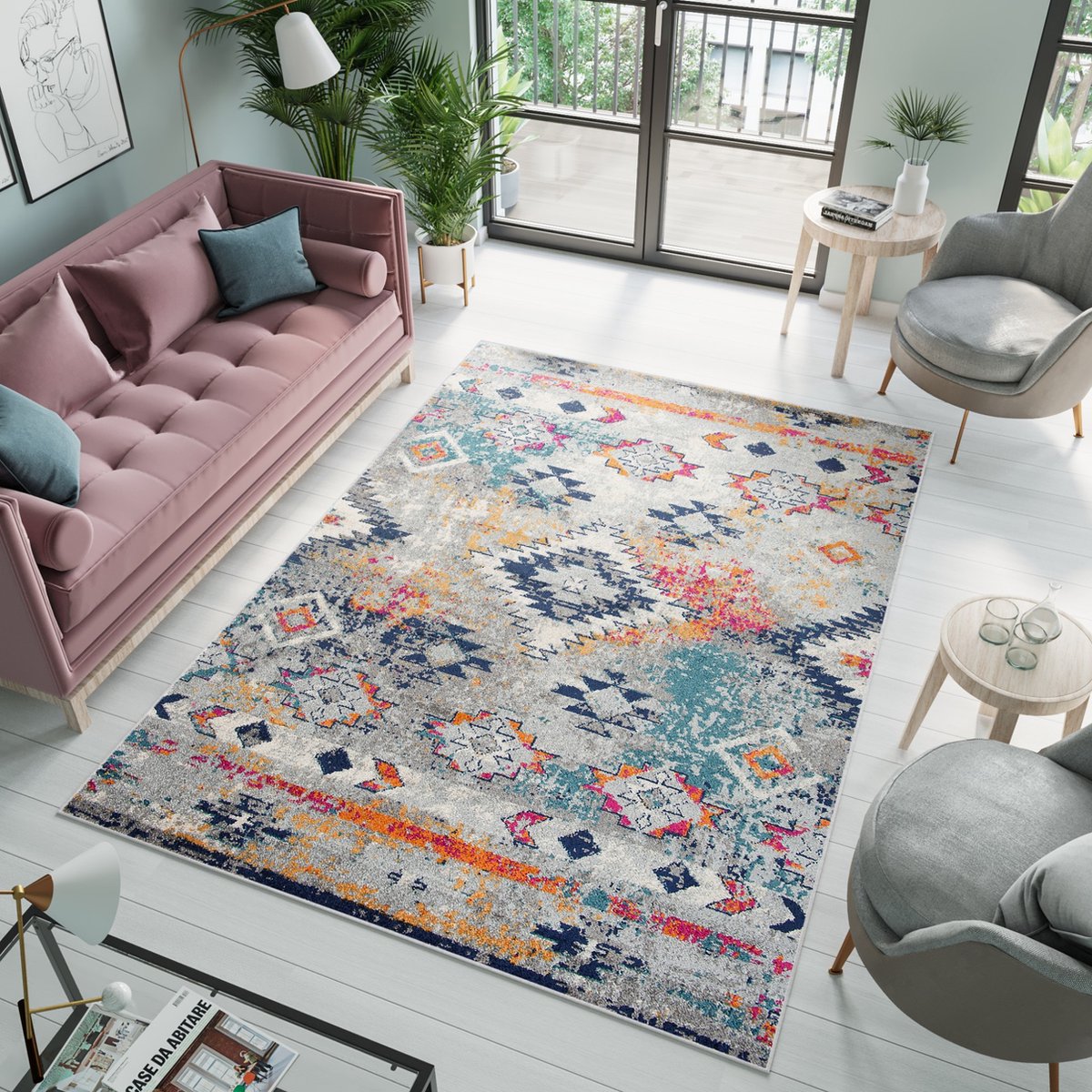 Tapiso Denver Vloerkleed Grijs Woonkamer Ethno Tapijt Maat- 80x150