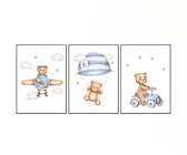 No Filter Babykamer posters set - 3 stuks - 21x30 cm (A4) - Kinderkamer decoratie - Teddy beer - jongenskamer - blauw