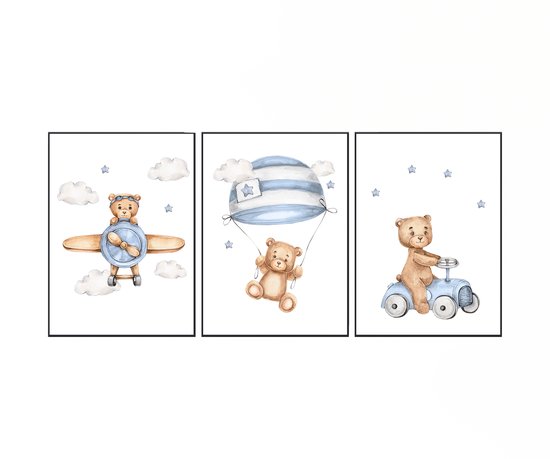 No Filter Set Posters pour chambre de bébé - 3 pièces - 21x30 cm (A4) - Décoration chambre d'enfant - Ours en peluche - chambre garçon - bleu