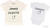 2-pack - T-shirt "Oudste"- Grote broer/zus T-shirt - (maat 122/128) & Soft Touch Romper "Jongste" Wit/zwart maat 56/62 â€“ set van 2