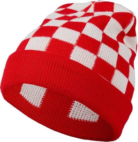 Rood-witte geblokte muts, gebreid met omslag.