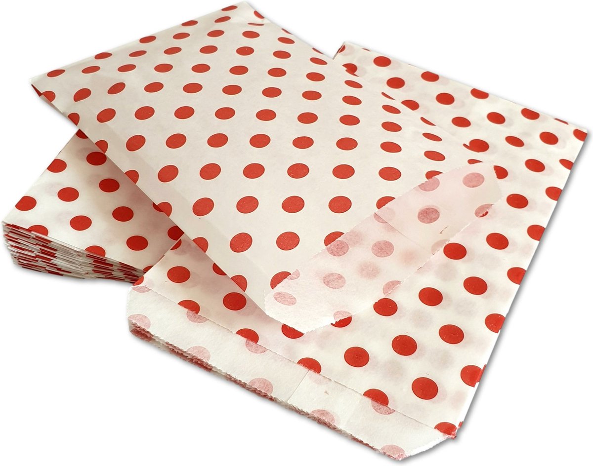 Prigta - Papieren zakjes - 50 stuks - 10x16 cm - wit met rode stipjes - 40 gr/m2 / cadeauzakjes