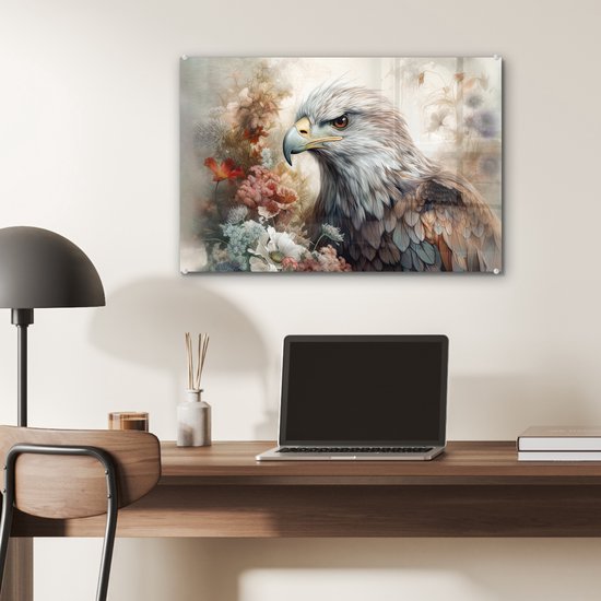 MuchoWow® Glasschilderij 60x40 cm - Schilderij acrylglas - Arend - Adelaar - Vogel - Bloemen - Natuur - Foto op glas - Schilderijen