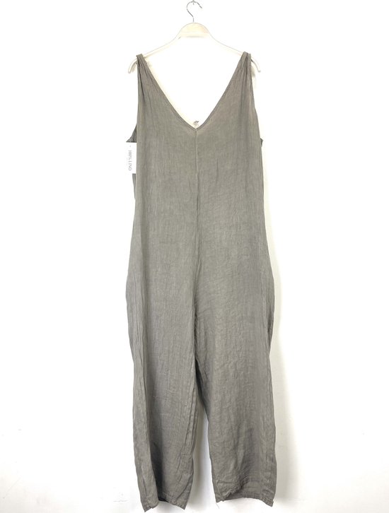 Jumpsuit in 100% linnen - v-hals en zijzakken - kleur TAUPE - lange pijpen tuinbroek - maat S/M - Puro Lino