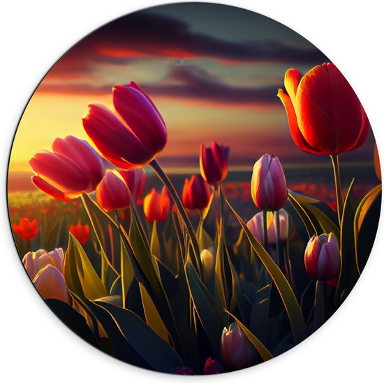 Dibond Muurcirkel - Kleurrijke Tulpen in Bloemenveld - 70x70 cm Foto op Aluminium Muurcirkel (met ophangsysteem)