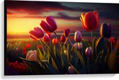 Canvas - Kleurrijke Tulpen in Bloemenveld - 90x60 cm Foto op Canvas Schilderij (Wanddecoratie op Canvas)
