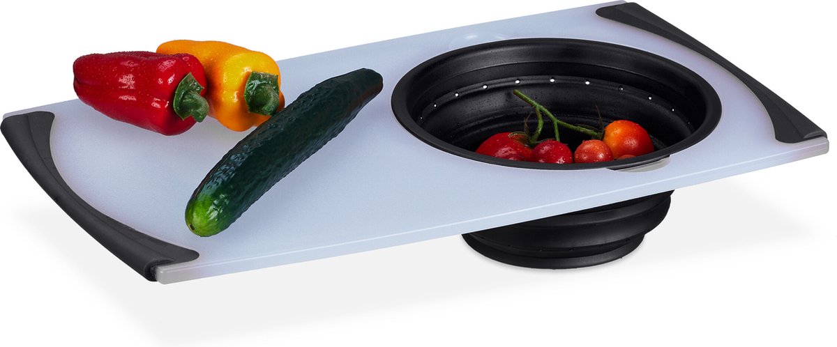 Relaxdays Planche à découper avec passoire, plastique, 50x29 cm, bac  récupérateur pliable, pour la cuisine, blanc - noir