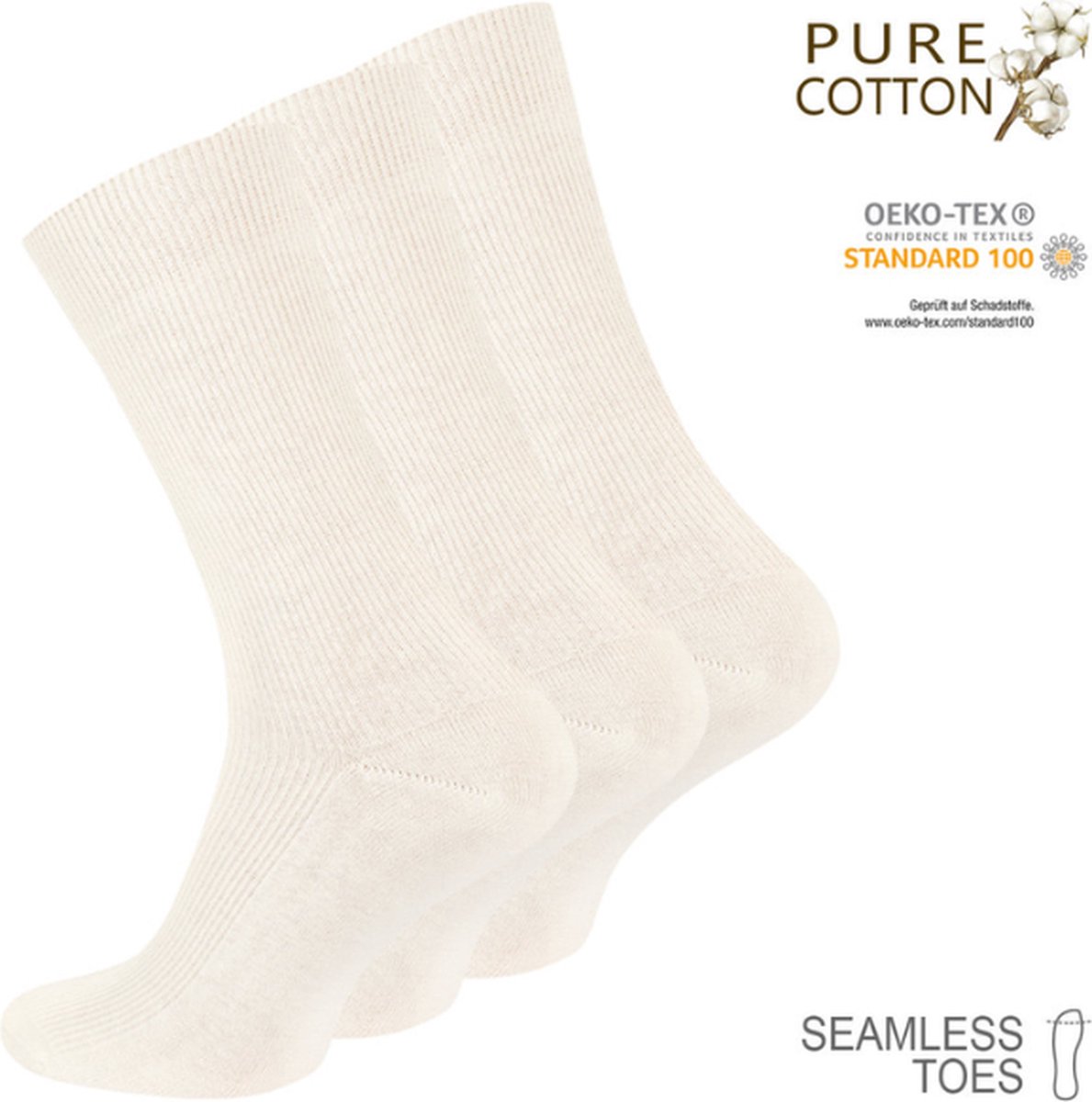 Premium 100% katoenen sokken - Rib - Naadloos - 3 Pack - Beige - Maat 39-42