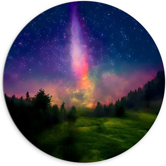 Dibond Muurcirkel - Kleurrijke Melkweg met Groen Landschap - 100x100 cm Foto op Aluminium Muurcirkel (met ophangsysteem)