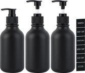 Matte dispenser, 3 stuks 300 ml zwarte zeepdispenserset voor lotion shampoo, douchegel, afwasmiddeldispenser om te vullen met waterdichte etiketten, navulbare plastic fles voor keuken en badkamer