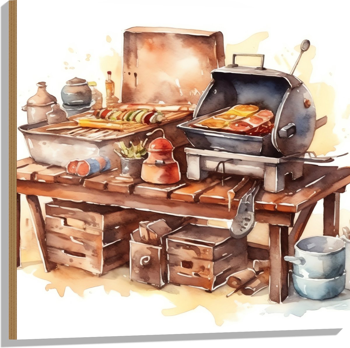 Hout - Waterverf Tekening met Barbecue en Eten - 80x80 cm - 9 mm dik - Foto op Hout (Met O