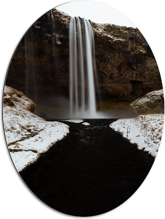 Dibond Ovaal - Bergen - Waterval - Sneeuw - Water - 60x80 cm Foto op Ovaal (Met Ophangsysteem)
