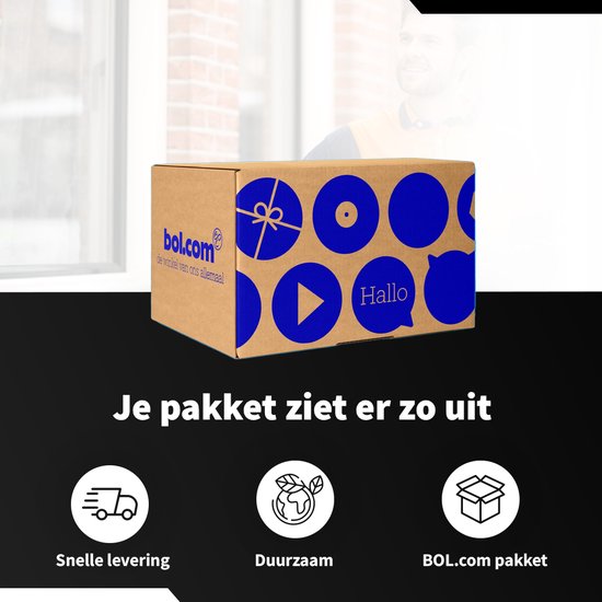 Een bruine verzenddoos met blauw logo van Bol.com.