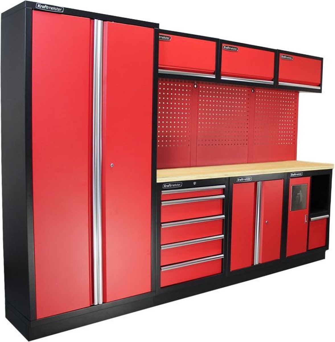 Kraftmeister werkplaatsinrichting - Werkbank met 3 wandkasten, 1 werkplaatskast, 1 opbergkast, 1 prullenbak en multiplex werkblad - Werktafel met 5 laden en gereedschapswand - Complete set voor werkplaats of garage - Rood