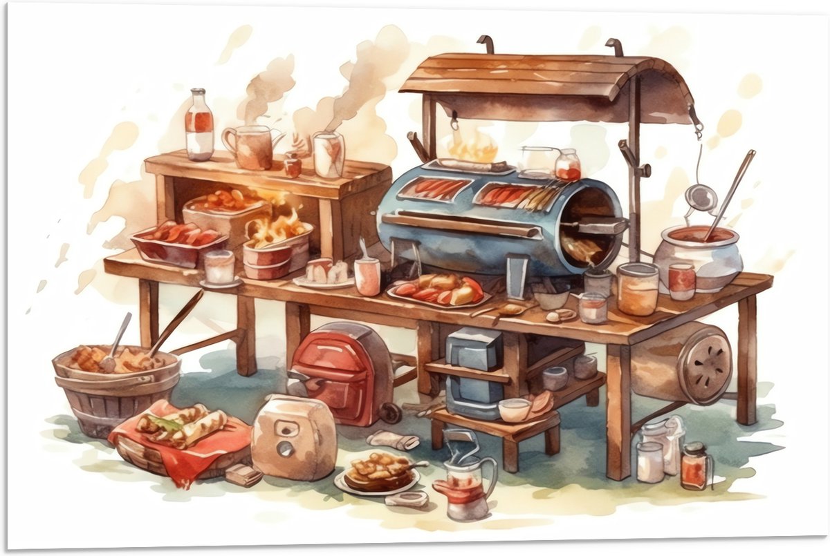 Acrylglas - Tekening van Barbecue - 75x50 cm Foto op Acrylglas (Met Ophangsysteem)