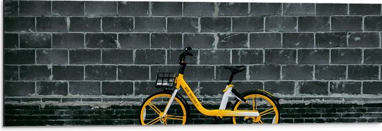 Dibond - Gele Fiets Geparkeerd tegen Stenen Muur - 90x30 cm Foto op Aluminium (Met Ophangsysteem)