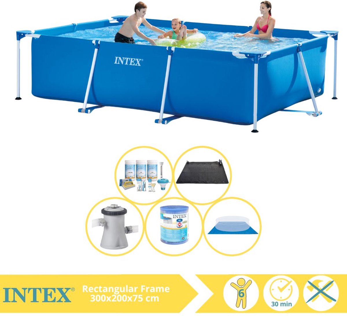 Intex Rectangular Frame Zwembad – Opzetzwembad – 300x200x75 cm – Inclusief Onderhoudspakket, Zwembadpomp, Filter, Grondzeil en Solar Mat