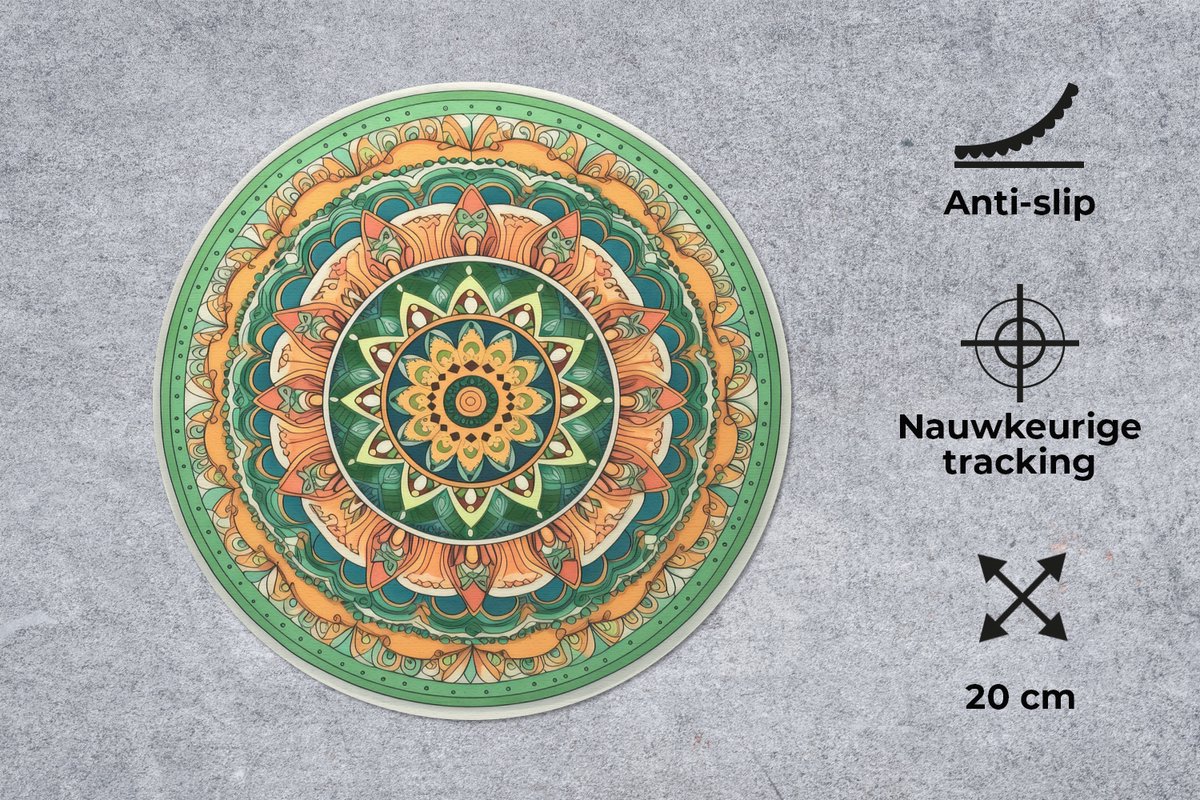 Muismat rond 20x20 cm - Mousepad Hippie - Mandala - Groen - Boho - Bloemen - Ronde muismatten