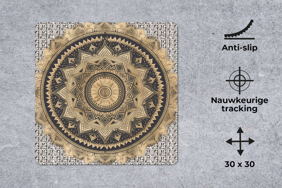 Muismat 30x30 cm - Mousepad Mandala - Bloem - Goud - Luxe - Bohemian - Muismatten