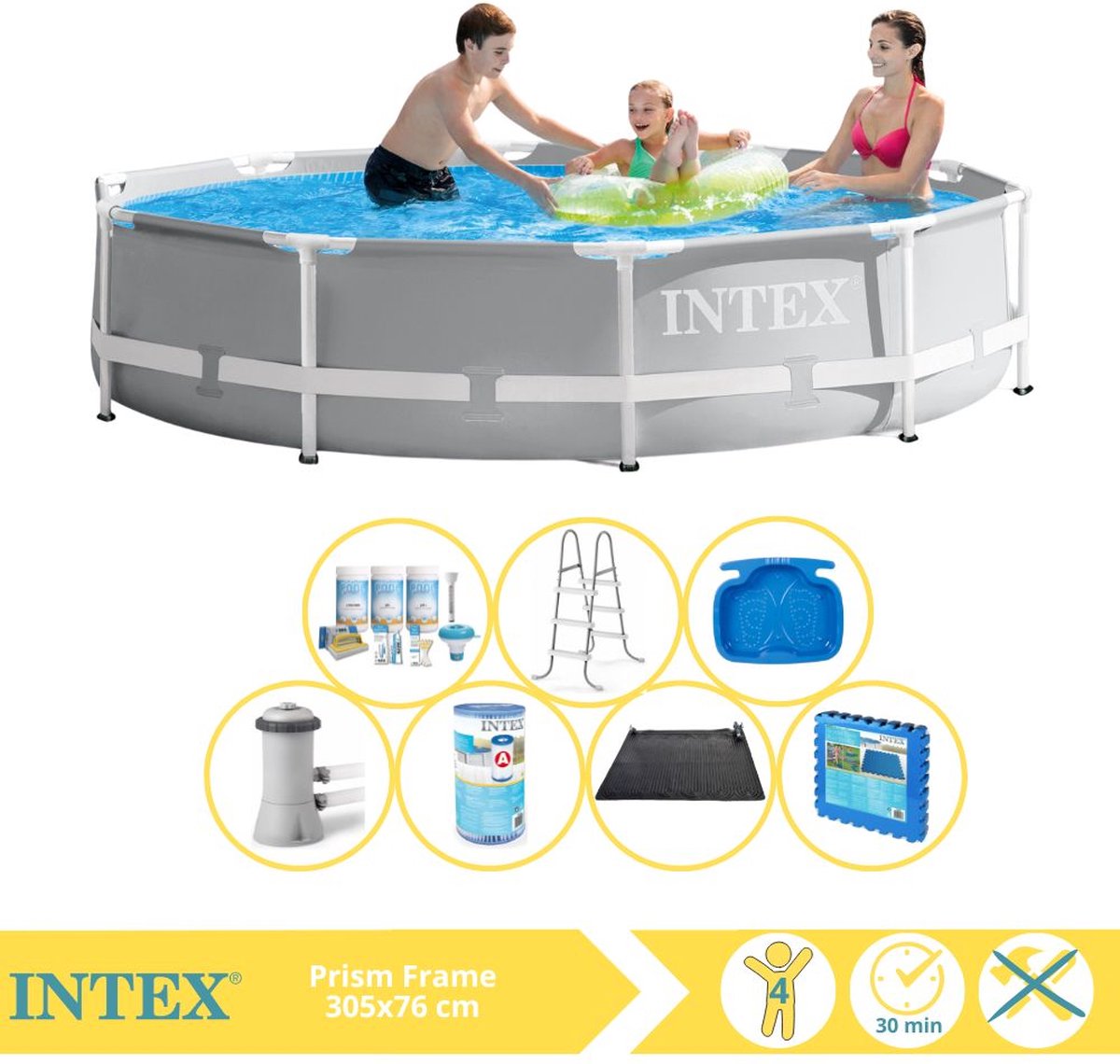 Intex Prism Frame Zwembad – Opzetzwembad – 305×76 cm – Inclusief Onderhoudspakket, Filter, Solar Mat, Trap, Voetenbad en Zwembadtegels