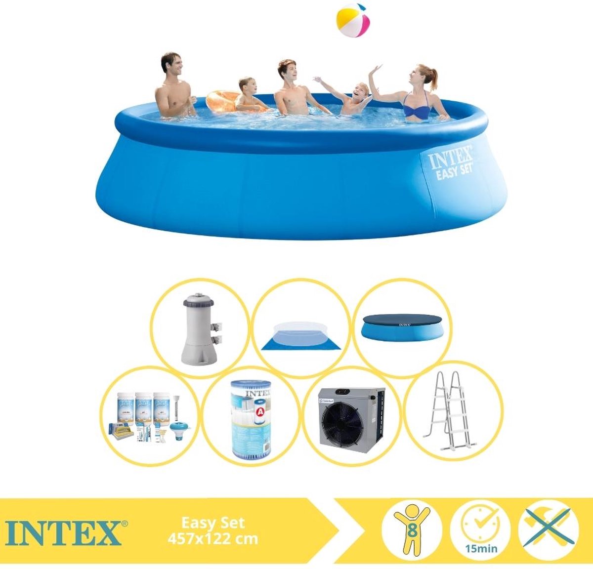 Intex Easy Set Zwembad - Opblaaszwembad - 457x122 cm - Inclusief Onderhoudspakket, Filter en Warmtepomp CP