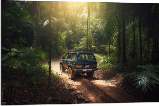 Dibond - Blauwe Truck rijdend door Wegen in de Jungle - 90x60 cm Foto op Aluminium (Met Ophangsysteem)