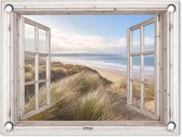 Tuinposter doorkijk raam - Tuindecoratie strand en zee - 40x30 cm - Tuinschilderij voor buiten natuur - Tuindoek duinen - Wanddecoratie tuin - Schuttingdoek - Balkon decoratie - Muurdecoratie - Buitenposter