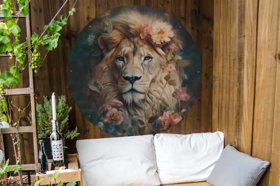 Tuincirkel Leeuw - Leeuwenkop - Wilde dieren - Bloemen - 120x120 cm - Ronde Tuinposter - Buiten XXL / Groot formaat!