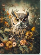 Muurdecoratie buiten Uil - Vogels - Bloemen - Natuur - 120x160 cm - Tuindoek - Buitenposter