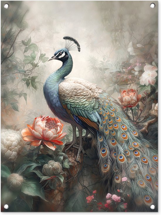 Tuinschilderij Pauw - Pauwenveren - Vogel - Jungle - Bloemen - 60x80 cm - Tuinposter - Tuindoek - Buitenposter