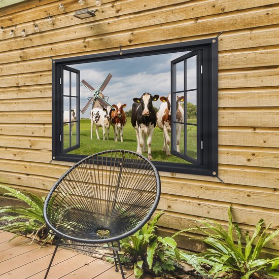 Affiche de jardin Transparente - Vache - Moulin - Vaches - Pâturage - Herbe - Vert - 130x80 cm