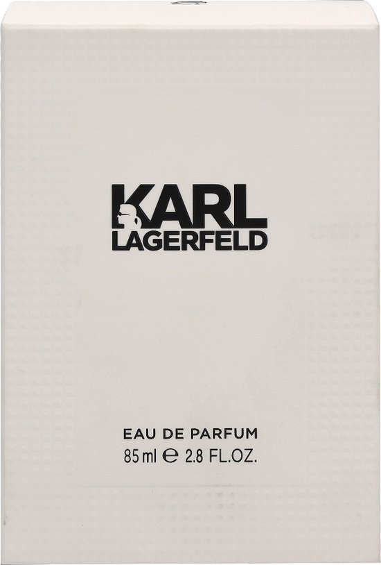 Boîte Karl Lagerfeld Eau de Parfum 85 ml. Logo noir sur boîte blanche texturée.