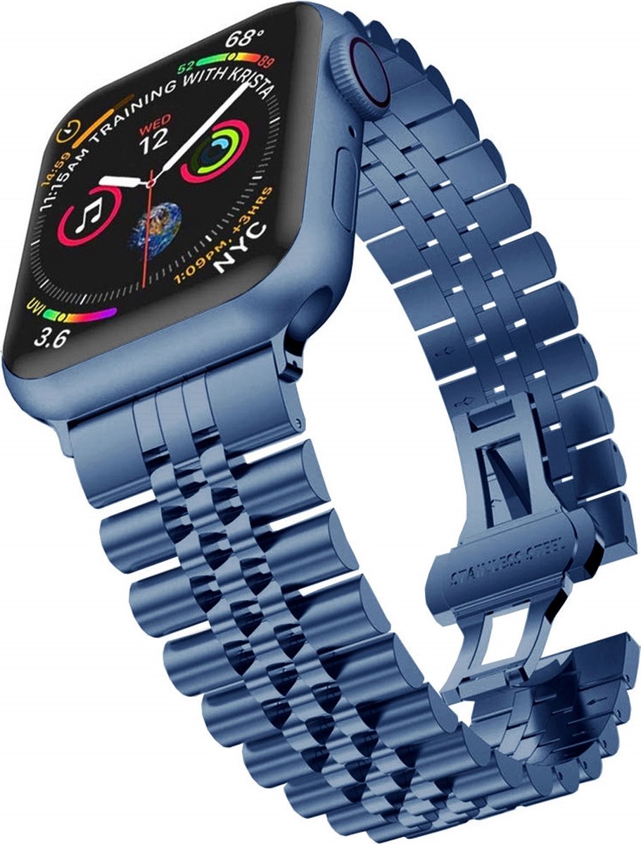 By Qubix - Metalen schakelband - Blauw - Geschikt voor Apple watch 44mm / 45mm / 46mm / 49mm (Ultra 1,2 en 3)