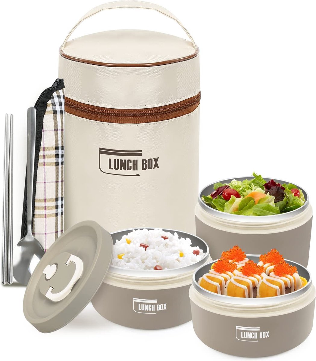 Lunchbox met zak, lekvrije voedselcontainer met keukengerei, 304 thermische voedseldoos van roestvrij staal, magnetron-/vriezerbestendig (3 lunchboxen, bruin)